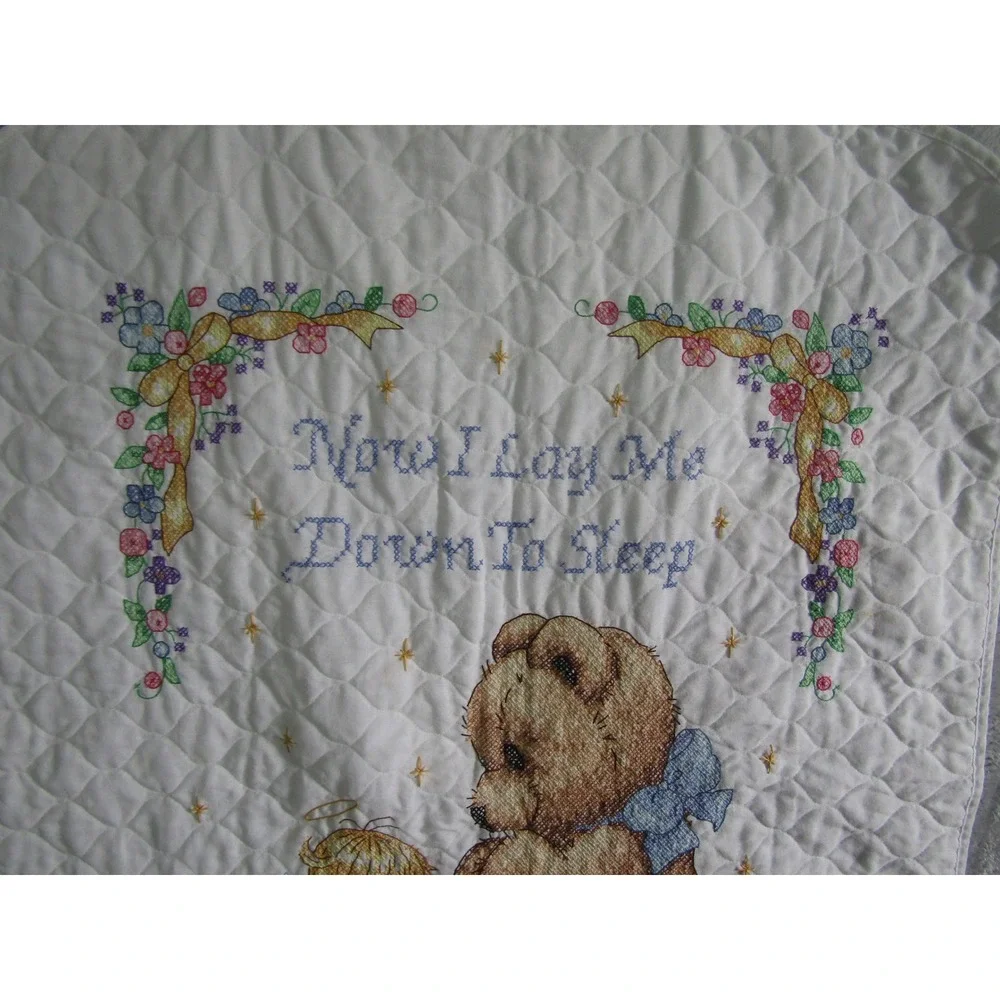 Vintage‎ Quilted Baby Blanket Now I Lay Me Down To Sleep Teddy Bear Angel White